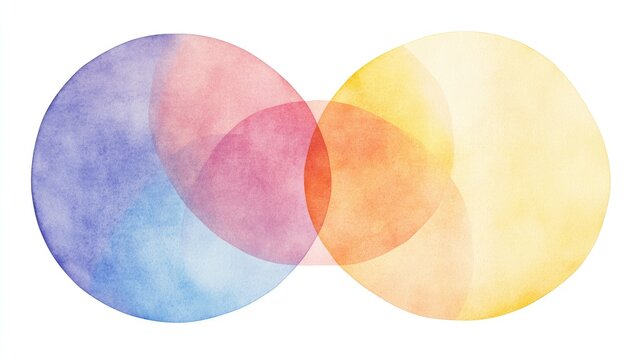 Two overlapping circles, painted in shades of vibrant watercolor, creating a mix of colors like blue, red, orange, and yellow.  Soft, blended transitions between colors