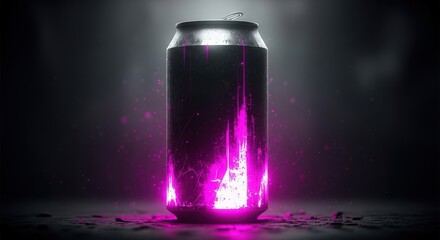 Drink can radiating vibrant pink light. Energy drink concept with bright glowing liquid. Visual effect for power and dynamic feel.