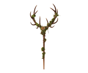 Majestic Deer Antler Staff Adorned with Verdant Moss, Evoking a Sense of Nature and Mystical Charm in Woodland Settings