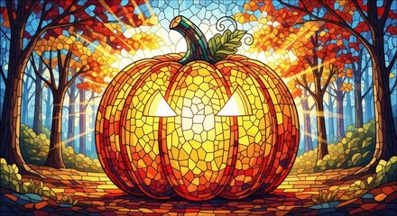 Halloween pumpkin with cut out faces glowing in a stained glass autumn forest. Scary jack o lantern with spooky eyes.