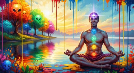 Man meditating in yoga pose with glowing chakras, surrounded by a vibrant, colorful lake and trees, symbolizing spiritual journey.