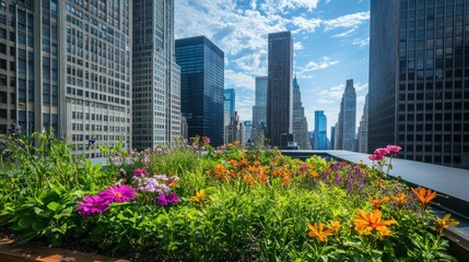 Urban rooftop garden with vibrant flowers and city skyline.