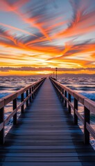 Obraz premium Serene Sunset Over Pier with Vibrant Sky and Gentle Waves