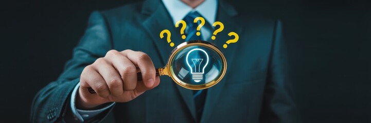 Businessperson holding a magnifying glass revealing an idea.