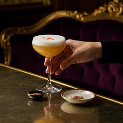 A hand  with a frothy Pisco Sour in a stemmed coupe glass, a sprinkle of Angostura bitters artfully dashed on top, beside a small mother-of-pearl dish, on a shimmering, dimly lit mirrored b
