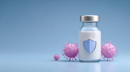 Vaccine vial with protective shield symbol, surrounded pink virus particles, represents health and immunity.