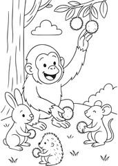 Coloring book of baby orangutan sharing fruits with forest animal friends.