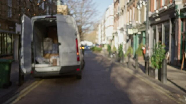 Blurry white van parked on a sunny london street in winter with bokeh shopfronts and bare trees lining the road in the background