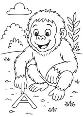 Coloring book of baby orangutan writing letter A on the ground.
