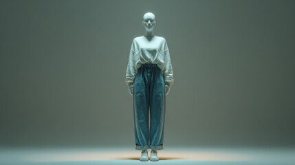Mannequin wearing casual outfit consisting of light sweater and loose fitting jeans, standing against neutral background. soft lighting highlights