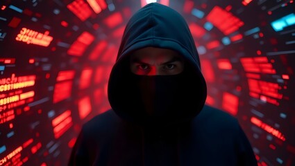 A mysterious young man in a dark hoodie and mask, surrounded by a swirling pattern of red lights, evoking a digital world.