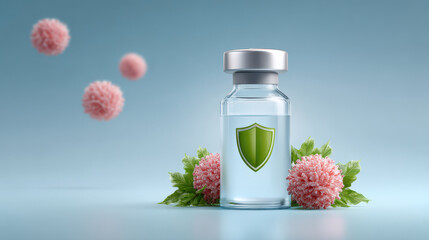 Vaccine vial with protective shield symbol, surrounded pink virus like spheres and green leaves, symbolizes health and immunity