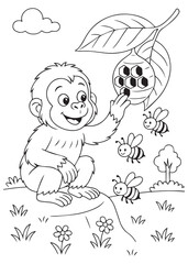 Coloring book of baby orangutan pointing to beehive and bees on flower.