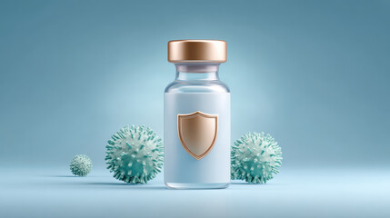 Vaccine vial with protective shield symbol, surrounded stylized virus representations, symbolizes health and immunity