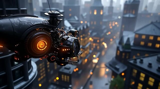 A generic vehicle in the rain perched atop a gothic building overlooking a city with glowing lights. The scene is dark and atmospheric, with a steampunk vibe