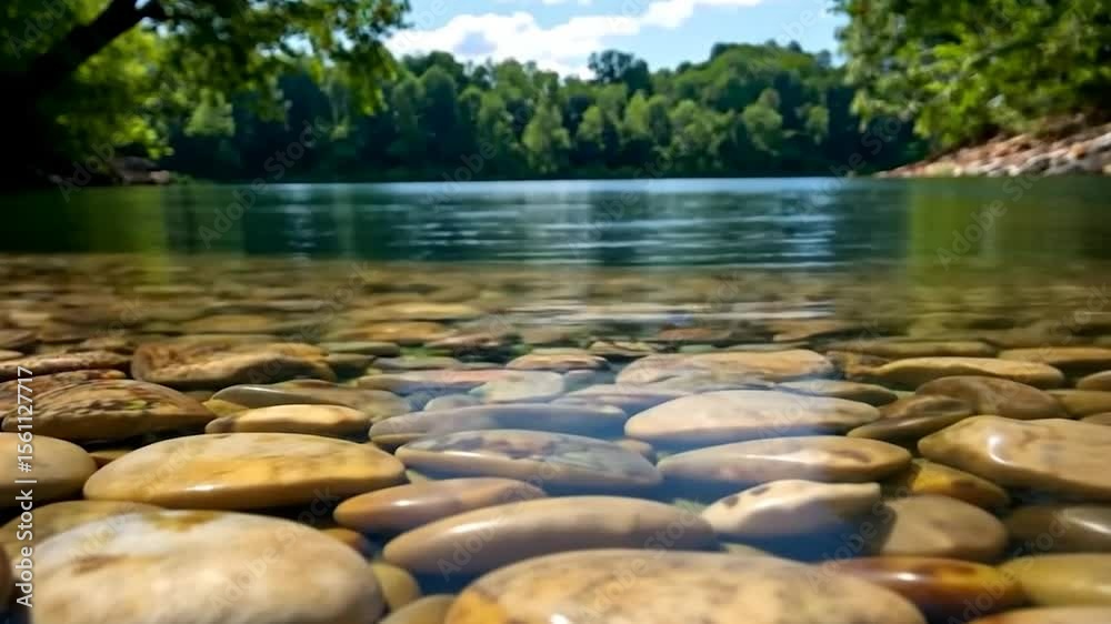 Wall mural close-up view of riverbed stones with clear water and blurred background of trees and sky creating a