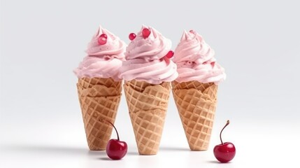 Scoops of Delicious Cherry Ice Cream in Waffle Cones on white Background