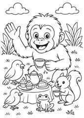 Coloring book of baby orangutan having tea picnic with forest animals.