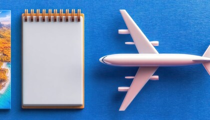 Fototapeta premium Travel planning, blank notebook, and airplane