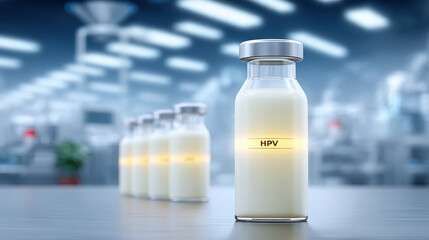HPV vaccine vial laboratory table, showcasing sterile environment with blurred background. image conveys sense of medical advancement and health