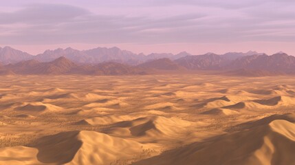 Naklejka premium Vast desert landscape with sand dunes and mountains under a pastel sky.