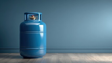 Obraz premium A Single Blue Propane Gas Tank Stands Against a Blue Wall in a Room with Wood Flooring
