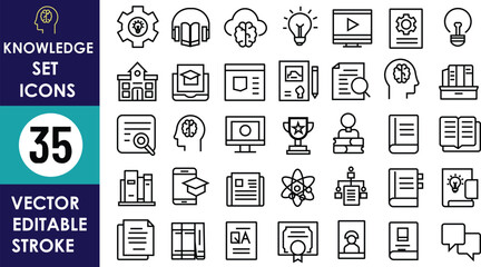 The image displays 35 vector knowledge icons representing education, innovation, research, online learning, books, school, awards, and communication. Editable stroke, clean outline