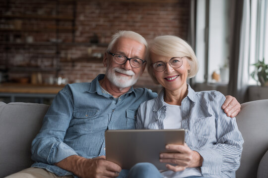 Happy senior couple sitting on a couch using a tablet to shop online in cozy living room