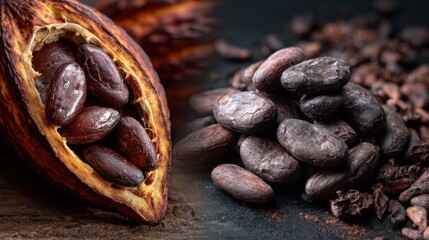 Obraz premium Cacao Beans and Pods Raw Cocoa Harvest Organic Chocolate Ingredients Close up of rich brown cocoa beans and a split pod