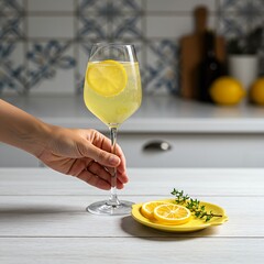 A hand supporting a sparkling Limoncello Spritz in a tall stemmed wine glass, a small lemon-shaped ceramic plate next to it with a candied lemon slice and a fresh thyme sprig, on a bright but s