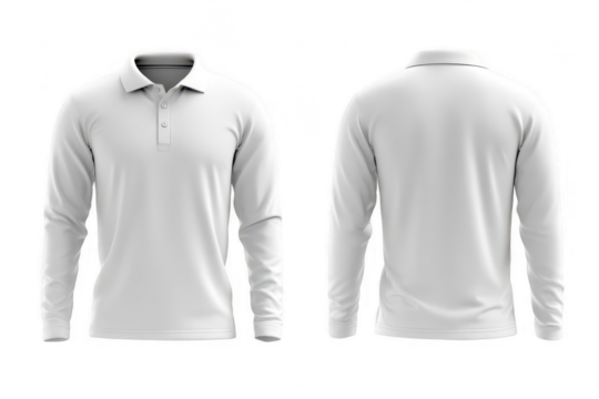Front and back view of a plain white long-sleeve polo shirt (8)