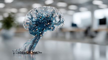 Digital brain sculpture made of circuit patterns and wires symbolizes technology and innovation in modern workspace