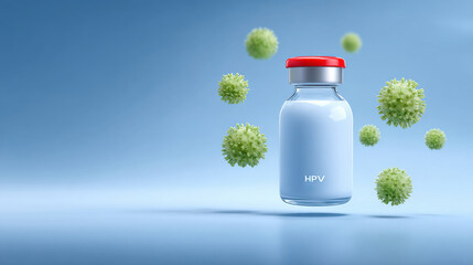 HPV vaccine vial with floating virus particles, representing health and prevention. This emphasizes importance of vaccination for safety