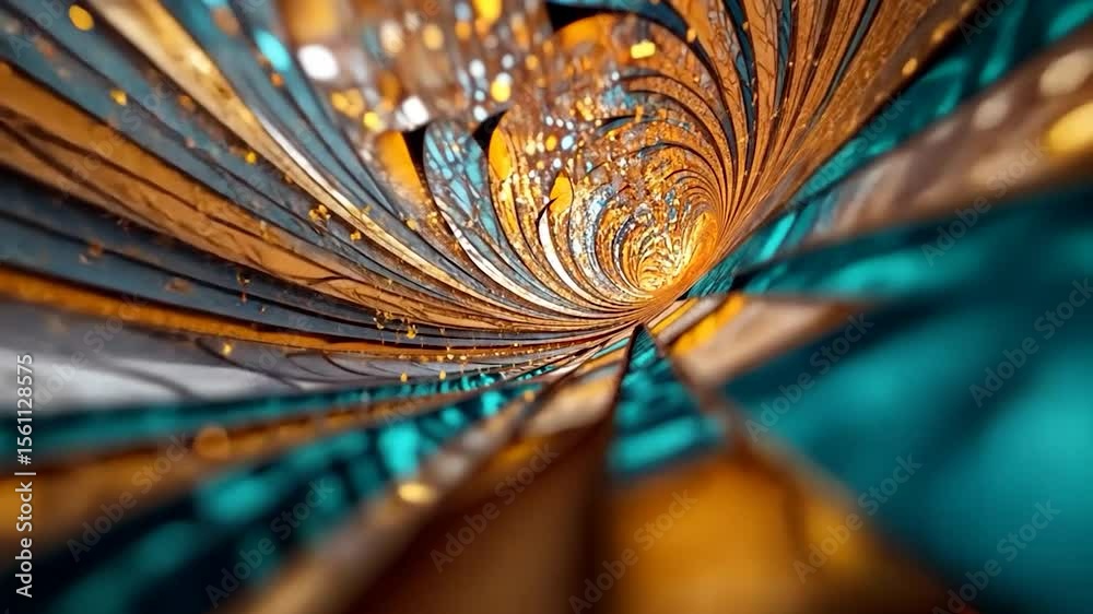 Wall mural abstract tunnel-like structure in turquoise and gold with blurred bokeh lights