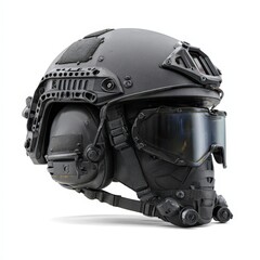 Tactical Military Helmet with Goggles and Communication System Close Up Studio Shot