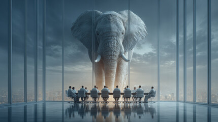 A featuring large elephant modern office setting, with group of people seated conference table. elephant appears to be focal point
