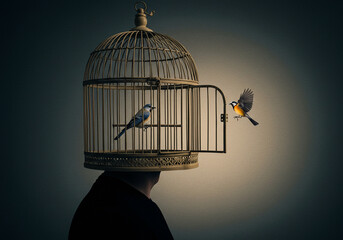 Naklejka premium Bird Cage on Mans Head Freedom Concept