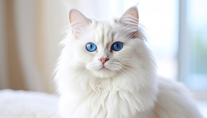 Obraz premium Fluffy white cat with blue eyes