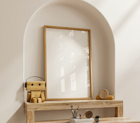 Beautifully styled, minimalist interior scene featuring a blank wooden picture frame standing upright on a rustic wooden shelf- 3D rendering