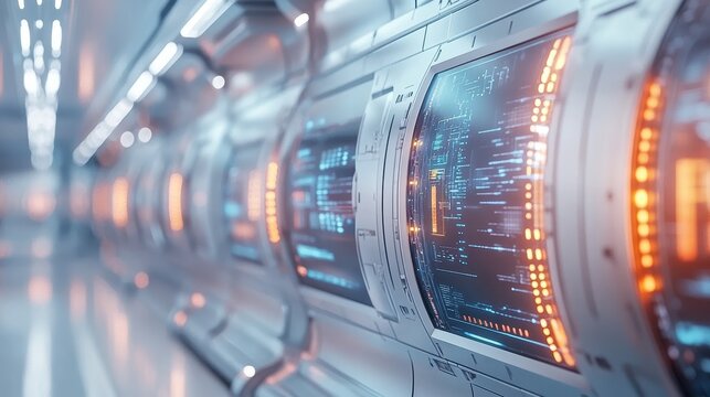 Futuristic technology displays line the interior of a corridor.