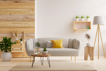 Bright and cozy living room interior featuring a light gray sofa with yellow and gray cushions, a round wooden coffee table, and decorative plants- 3D rendering