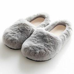 Elegant gray fluffy slippers with a plush texture, resting softly on a clean white background