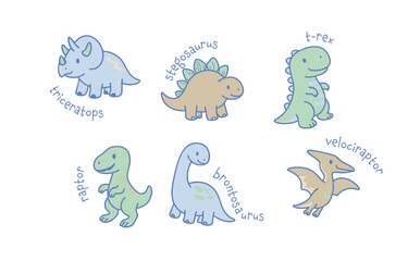 Cartoon dinosaurs Triceratops Stegosaurus Trex Raptor Brontosaurus and Velociraptor are displayed in a cute style © Neko funny
