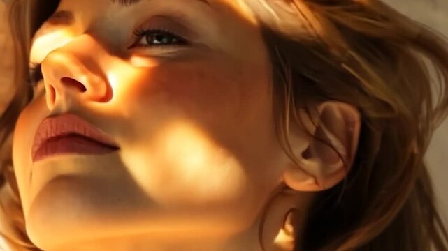 Close-up shot of a woman's face lit by warm sunlight creating shadows and highlighting features. The focus is on her lips eyes and hair, with a soft background creating a sense of peace and serenity