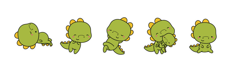 Five cartoon baby dinosaurs in different poses with green bodies and yellow spines on a white background