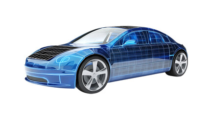 • A futuristic concept of a solar-powered electric car, isolated on white background in HD 