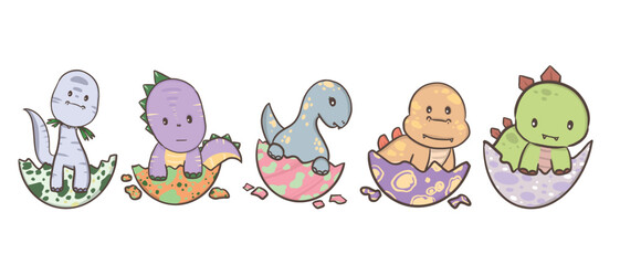 Five cartoon dinosaurs are hatching from patterned cracked eggs