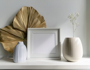 Elegant mock up photo of square empty frame placed on white shelf with minimalistic ceramic decor