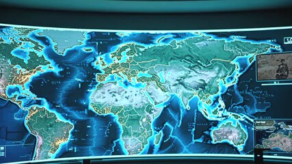 Digital curved display visualizing global map, highlighting geopolitical regions, presenting real time data analytics within high tech monitoring environment - Powered by Adobe