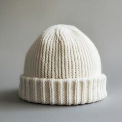 A white knitted beanie hat, displayed against a minimalist grey background